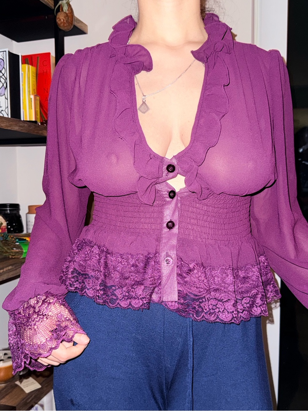 Chiffon Sheer Ruffle Lace Button-Front Women’s Top in Purple